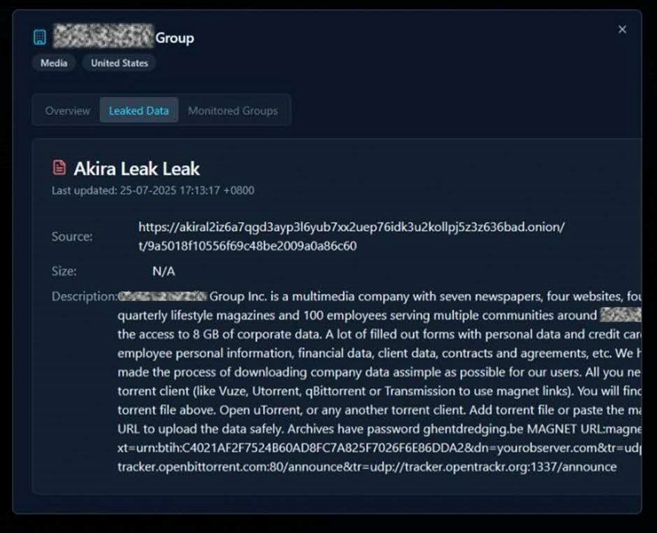 A screenshot of a computer programme describing a data leak.