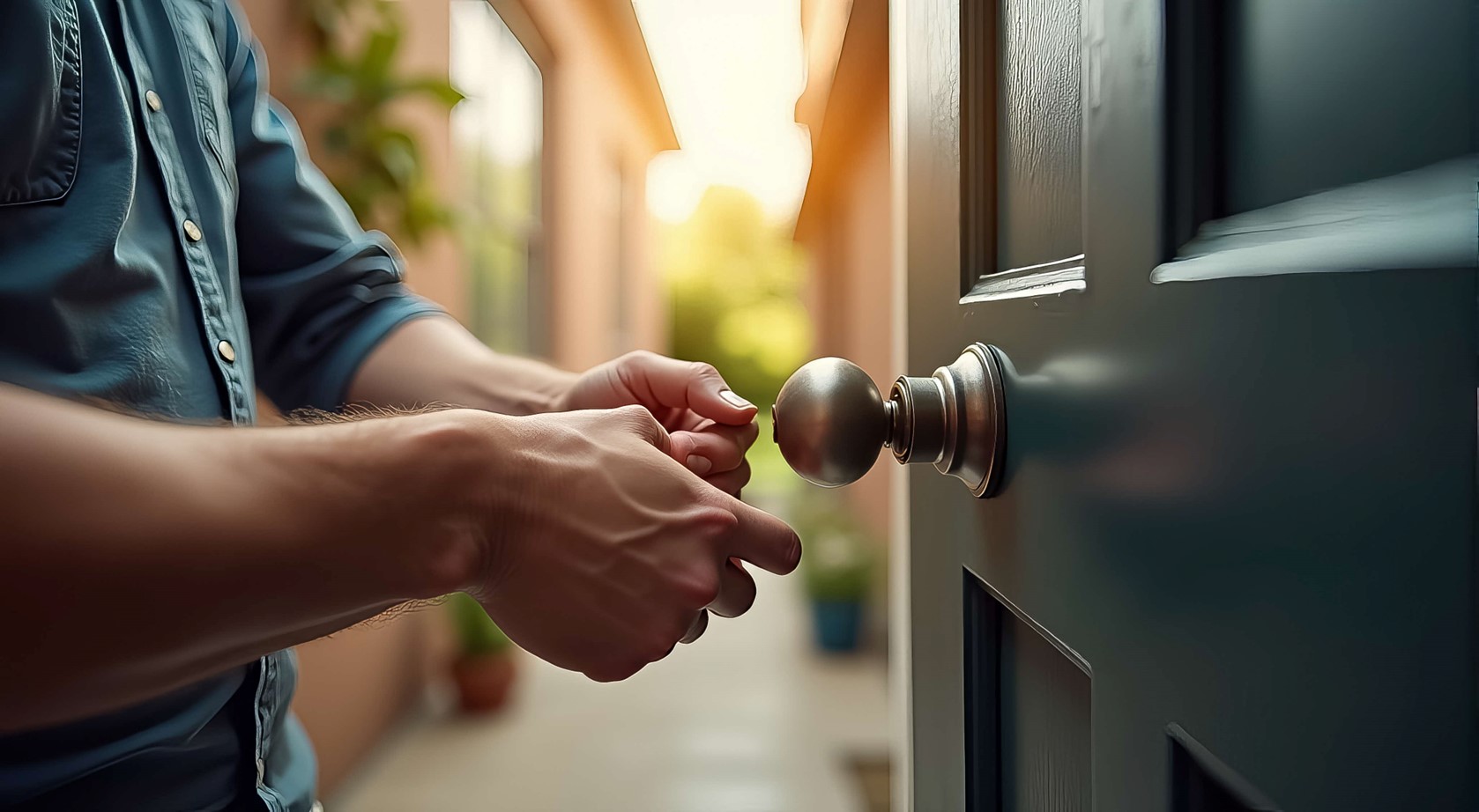 A person opening a door.