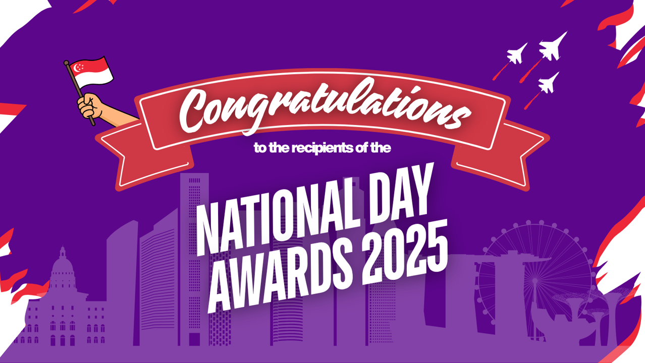 Purple graphic with text “Congratulations to the recipients of the National Day Awards 2025”.