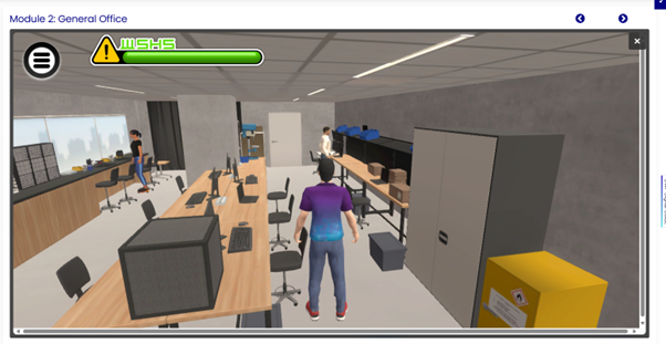 A video game of a person walking in an office.
