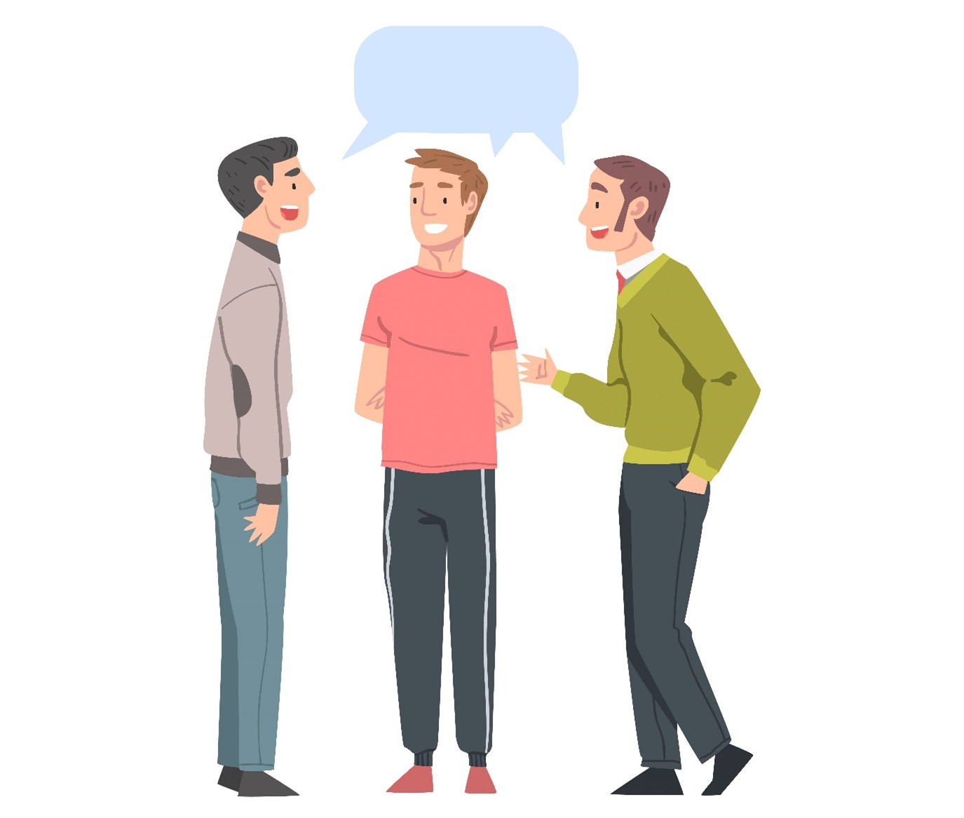 Illustration of three men engaged in conversation, with two speech bubbles above centre figure indicating dialogue.