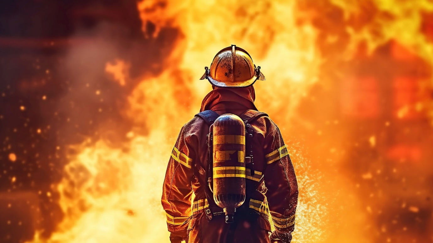 A firefighter in a fire.