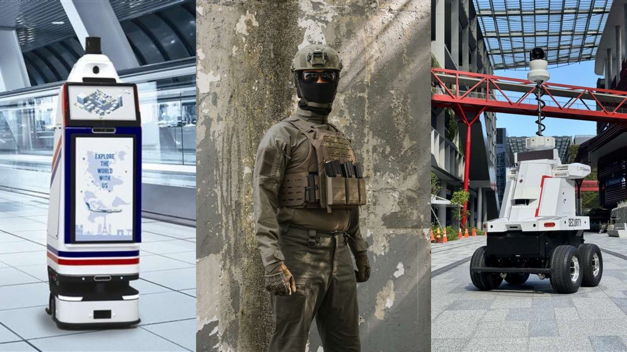 Photo showing security robots and a person in tactical gear.