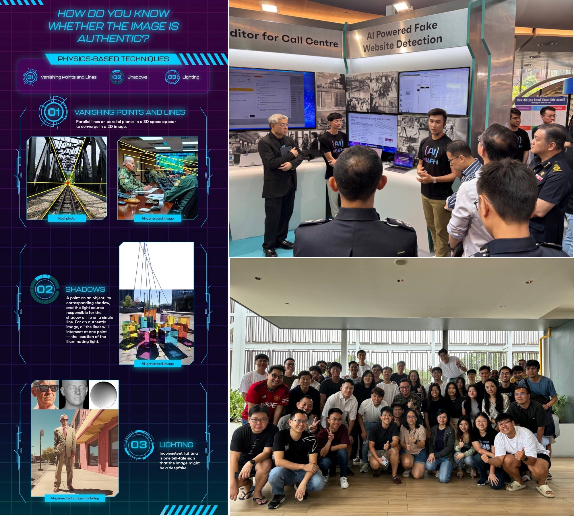 Collage showing an infographic on detecting fake images, a demo on AI-powered fake website detection, and a large group photo indoors.