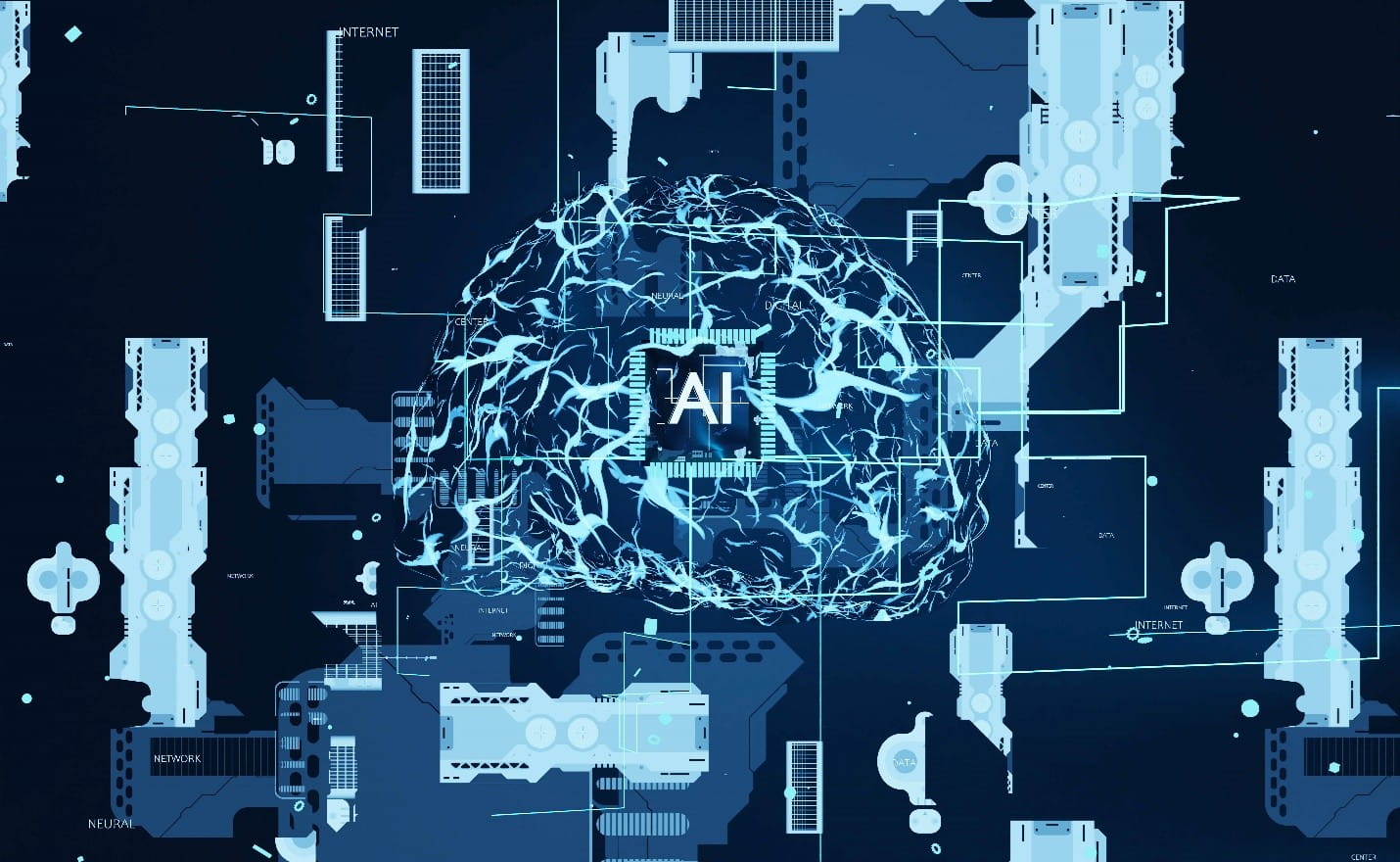 Digital illustration depicting a brain with circuitry and neural network patterns, symbolising AI integration.